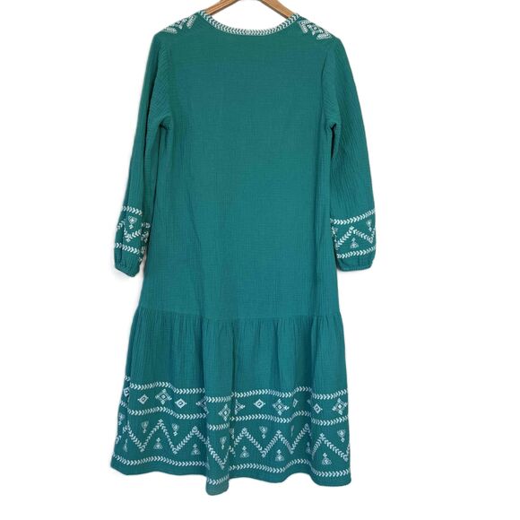 Soft Surroundings Size XS Dress Teal Peasant Long Sleeves Embroidery - Picture 2 of 13